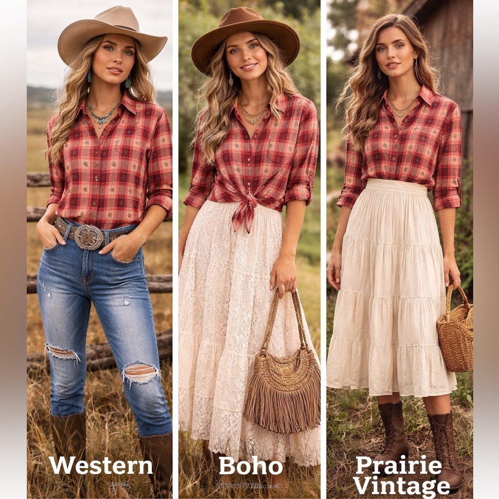 Western Prairie Red Plaid Button Up Shirt Women S Embroidered Boho Vintage Style